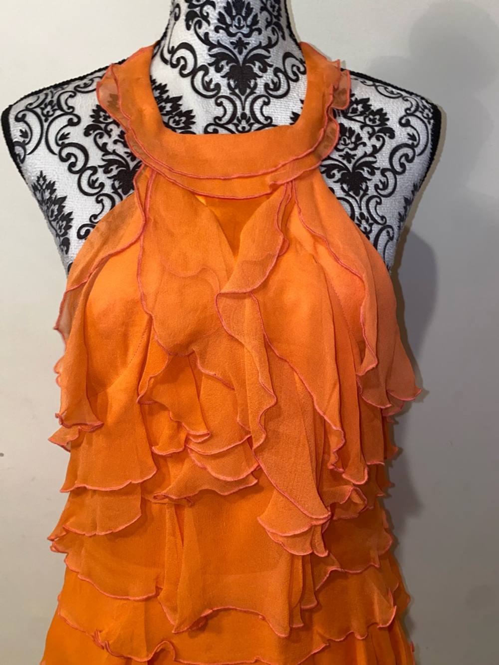 Alice + Olivia Coral Silk Chiffon Tiered Ruffle Halter Mini Dress Size Large - Picture 5 of 15